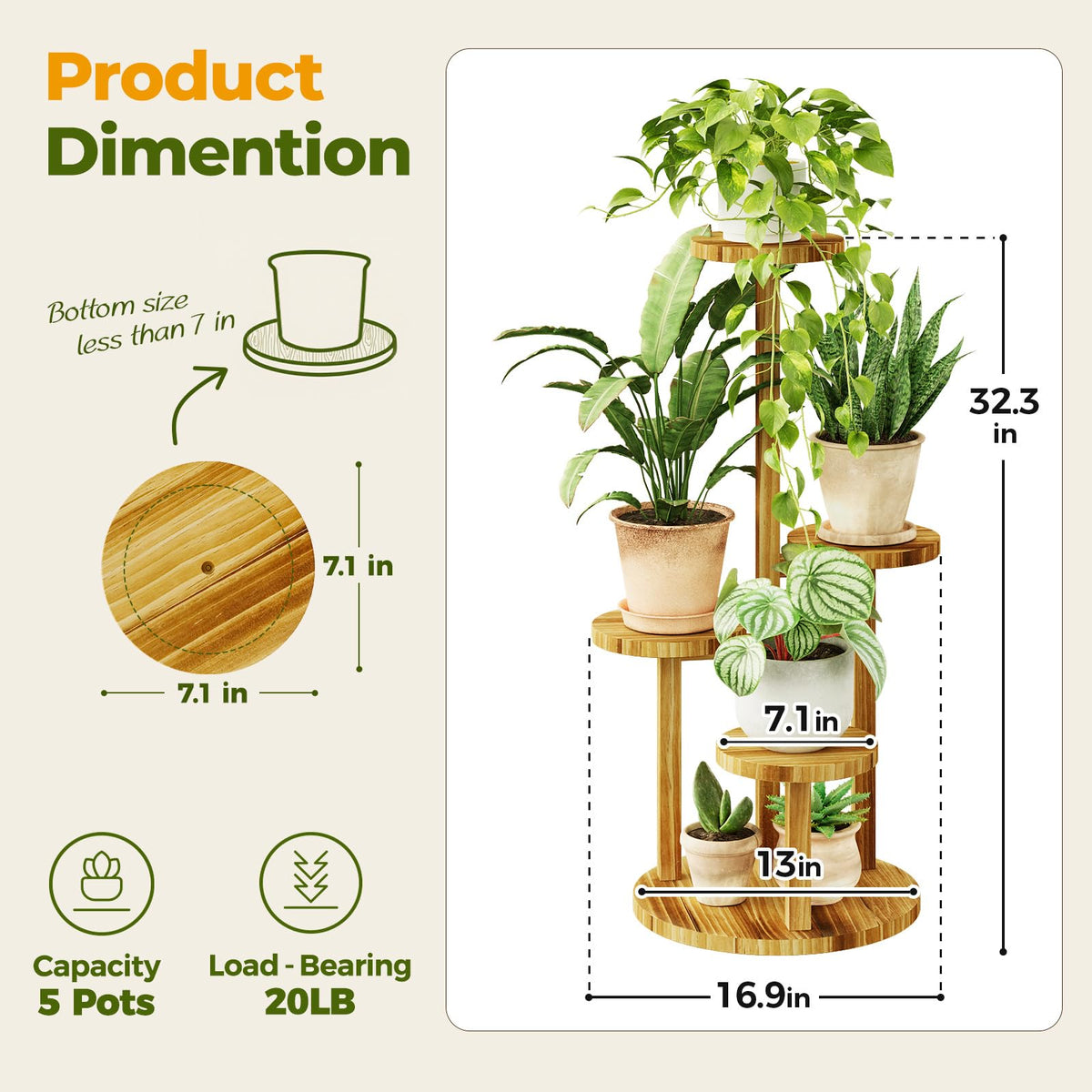 Bamworld Plant Stand Indoor Wood Plant Shelf 4 Tier Brown