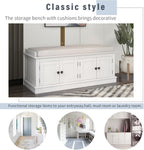 GDFStudio Jasd Storage Bench with 4 Doors and Adjustable Shelves, Removable Cushion Bench Ottoman, Solid Wood Frame Storage Ottoman, Rectangular Cabinet with Seating for Living Room Entryway, White