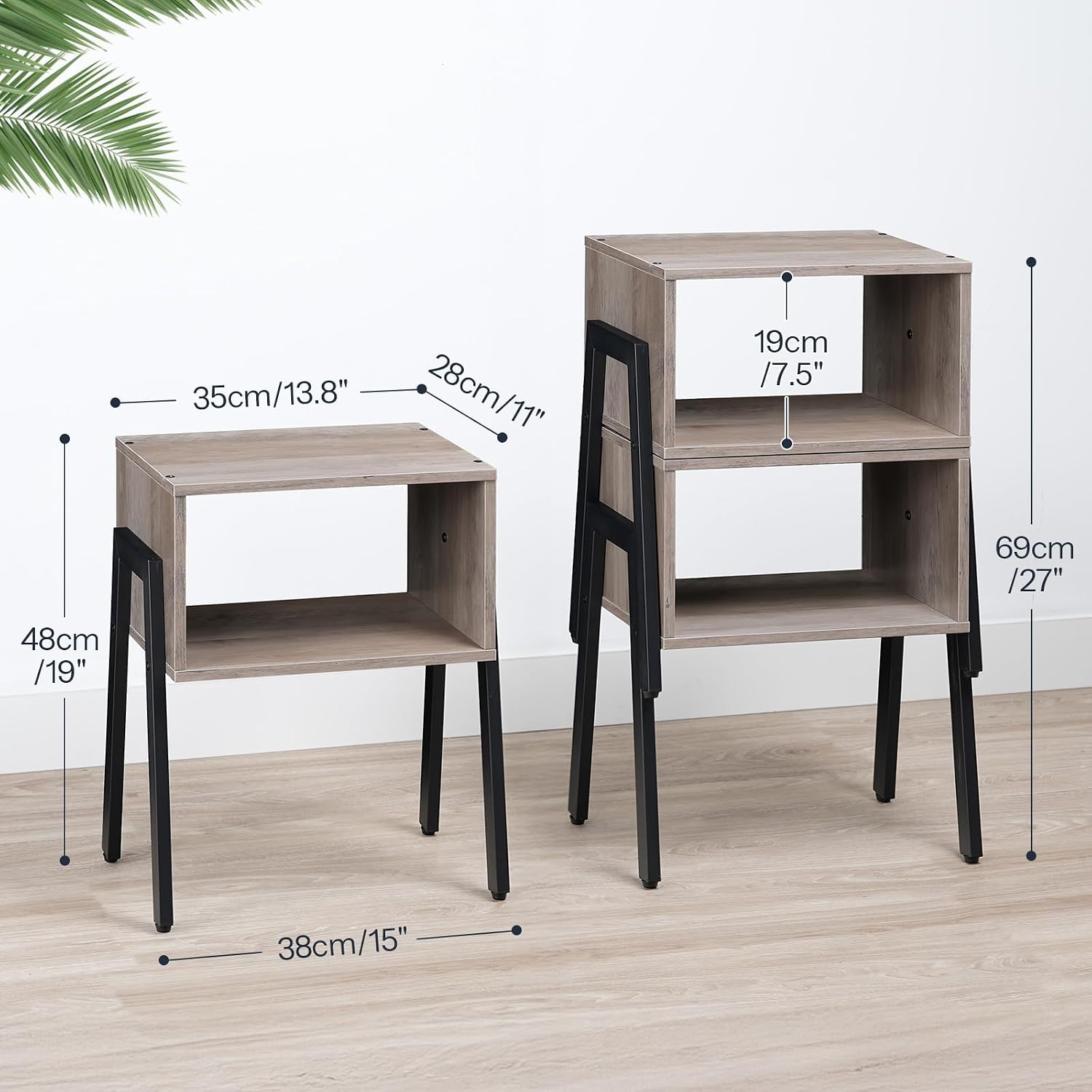 HOOBRO Small Nightstands Set of 2, Stackable End Tables, Side Tables, Bedside Tables with Open Storage Shelf, for Small Spaces, Bedroom, Living Room, Greige and Black BG38BZP201