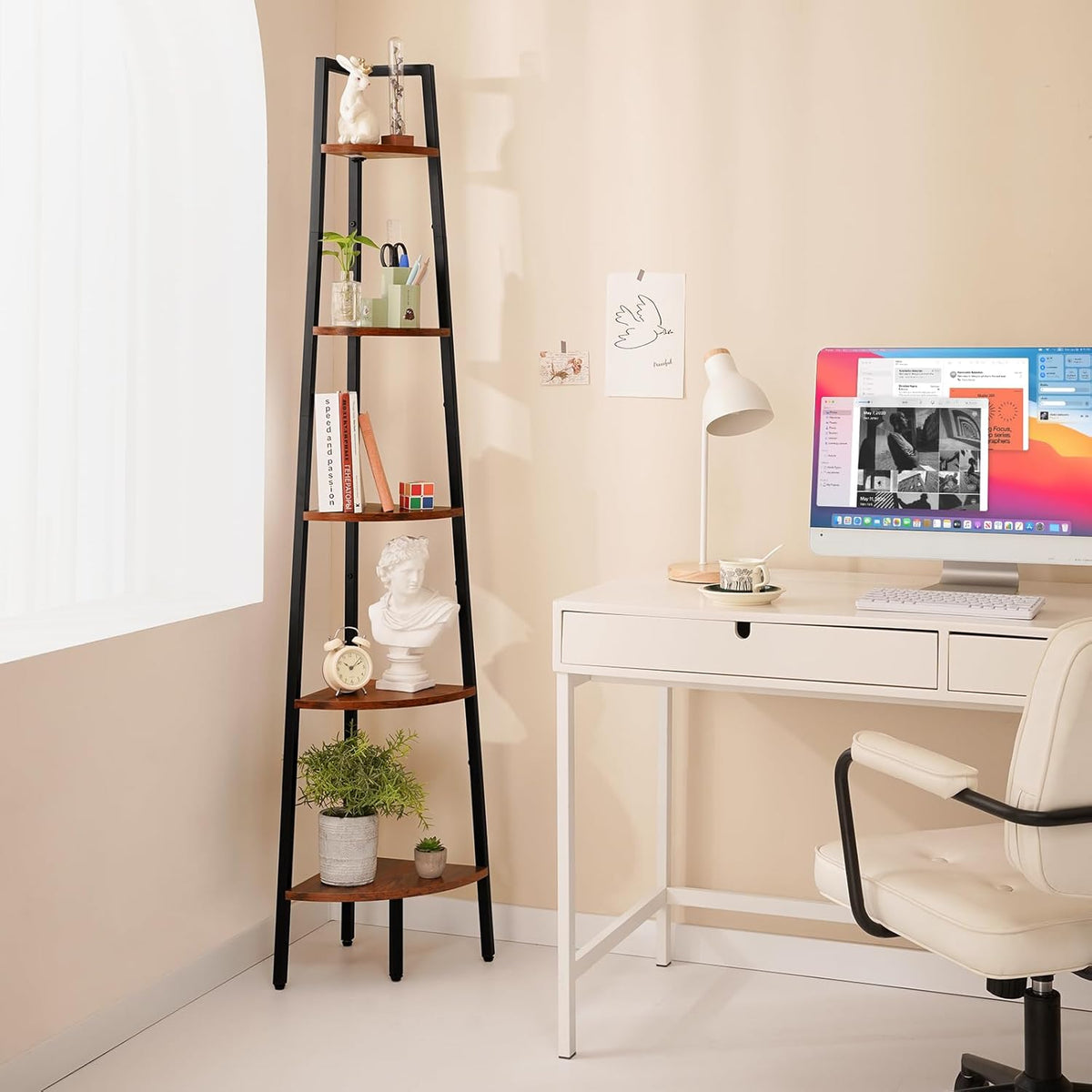 Yoobure Corner Shelf, 5-Tier Corner Bookshelf with Metal Frame & Wood Ladder Shelves - Display Shelf & Tall Bookcase, Plant Stand for Home Decor - Bedroom, Living Room, Office