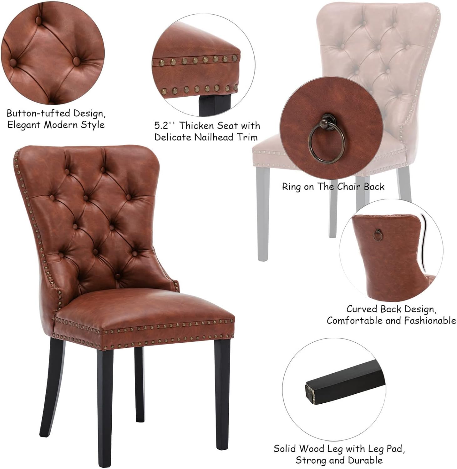 CIMOTA Brown Leather Dining Chairs Set of 8 Mid Century Modern Dining Room Chairs Tufted Upholstered Kitchen Dining Chairs Comfortable Side Chairs with Nailhead Trim/Ring Back (PU /8PCS)