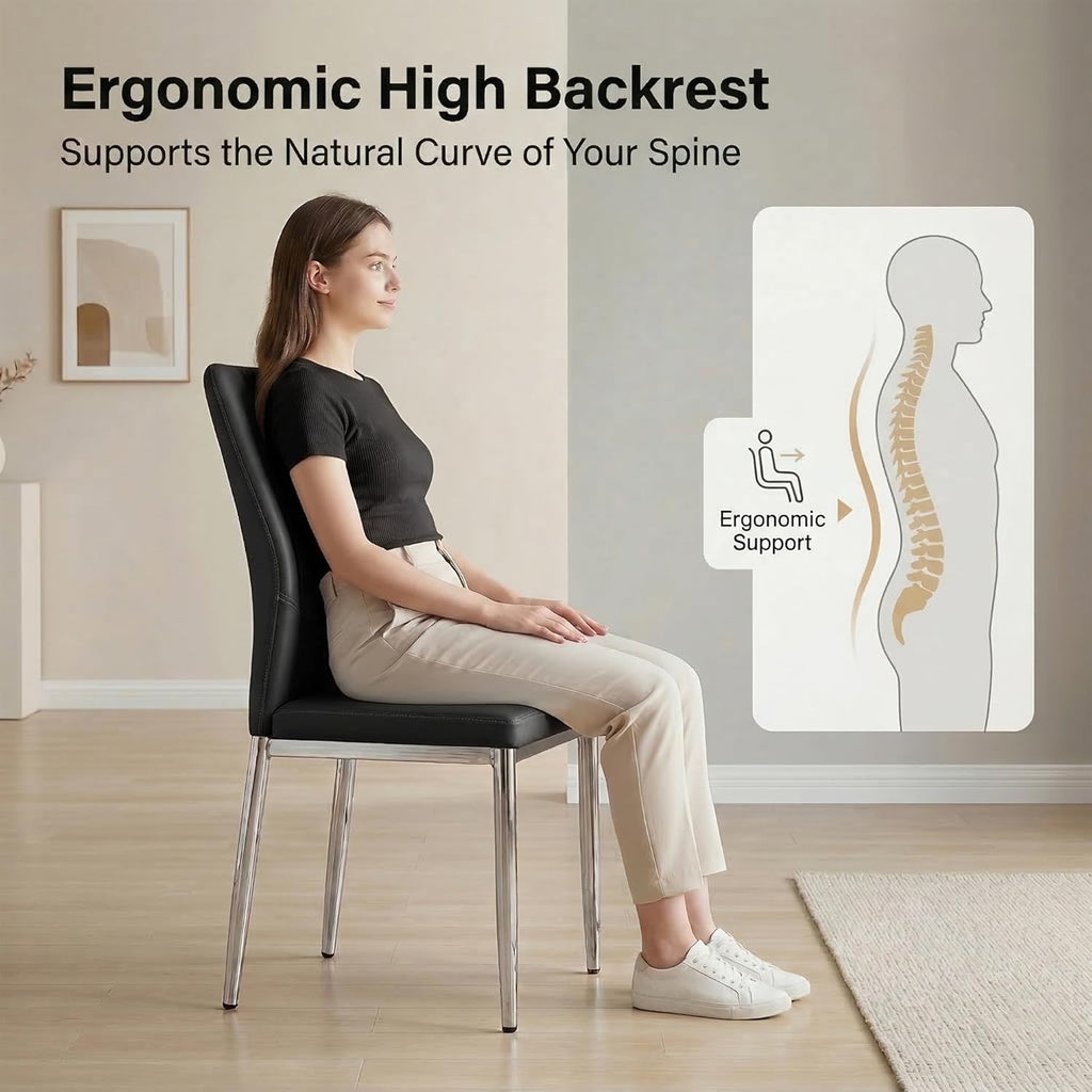 Black Dining Chairs Set of 6, Modern PU Leather Kitchen Chairs with Soft Cushion and Silver Chrome Metal Legs, Waterproof and Easy to Clean, Armless Dining Chairs for Dining Room,Kitchen