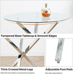 yeag 39 in Luxury Round Dining Table Set for 4, Modern Tempered Glass Top & Square Tube Crossed Metal Legs, with 4 Velvet Upholstered Kitchen Chairs, Adjustable Feet (Silver & Black)
