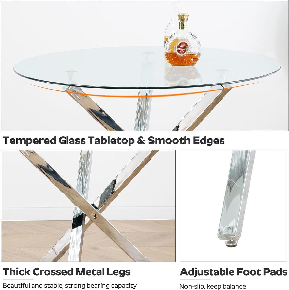 yeag 39 in Luxury Round Dining Table Set for 4, Modern Tempered Glass Top & Square Tube Crossed Metal Legs, with 4 Velvet Upholstered Kitchen Chairs, Adjustable Feet (Silver & Black)