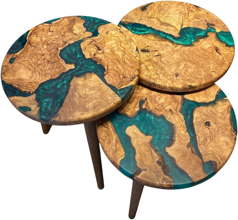 3-Piece Round Nesting Side Table Set 15.7 in Diameter | Olive Wood & Green Epoxy | Modern Scandinavian Style | Wood Grain | Durable & Easy Easy to Wipe | GÖKÇESAN MOBİLYA - Olive Green