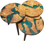 3-Piece Round Nesting Side Table Set 15.7 in Diameter | Olive Wood & Green Epoxy | Modern Scandinavian Style | Wood Grain | Durable & Easy Easy to Wipe | GÖKÇESAN MOBİLYA - Olive Green