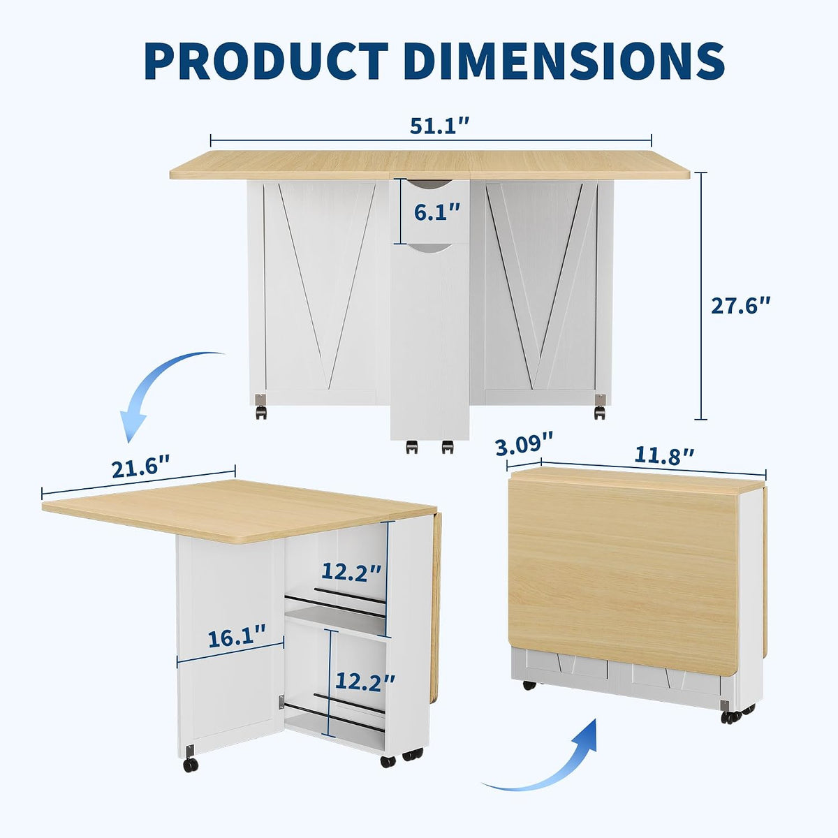 IDEALHOUSE Folding Dining Table, Folding Kitchen Table with Drawers and Storage, Apartments, Small Spaces, White