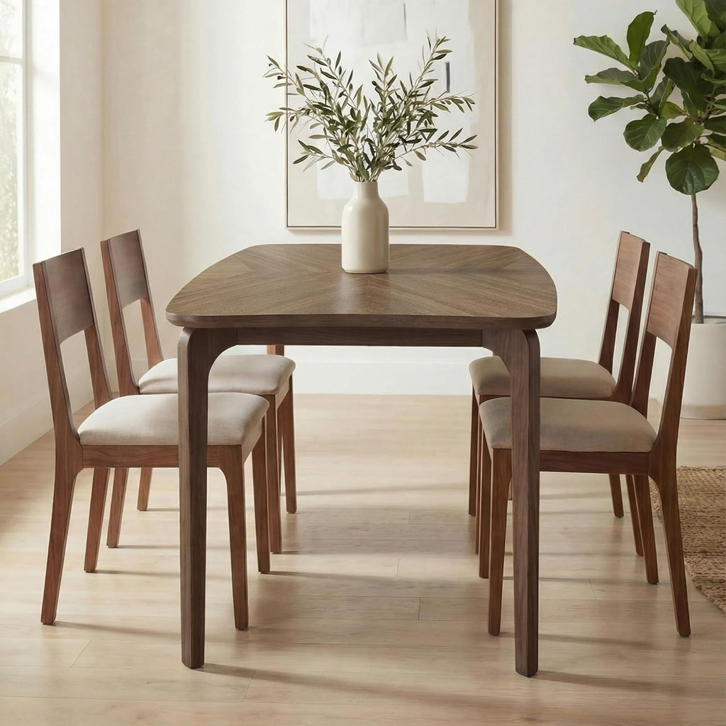 HNY Modern Curved Edge Dining Table, 63" Solid Wood Kitchen Table with Herringbone Pattern Mid-Century Rectangular Dinner Table for 6-8 People, Walnut Color Finish