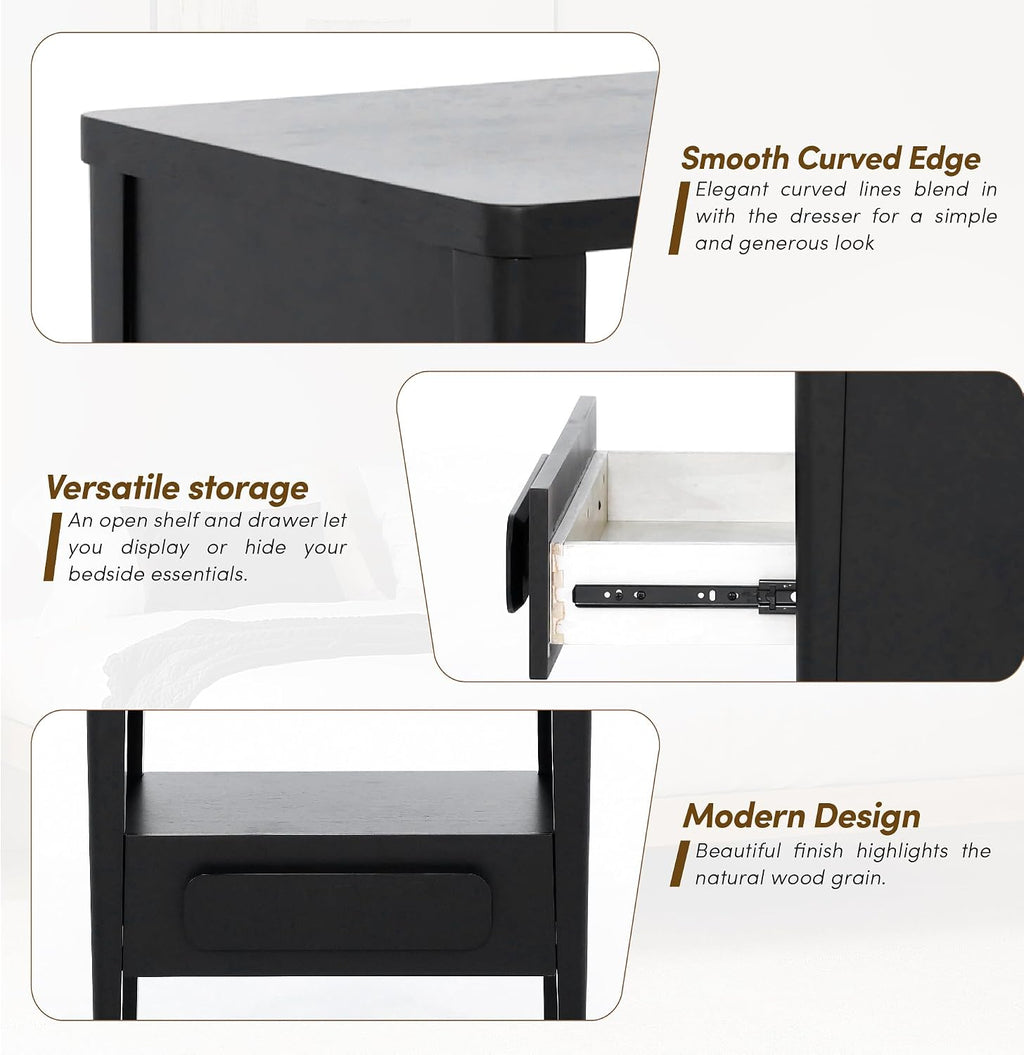Modern Nightstand, Sustainable Hevea Premium Solid Wood Frame - Bedside Table - End Table with Ball Bearing Slide - Drawers Real Wooden Cabinet Organizer for Bedroom (Midnight Charcoal)