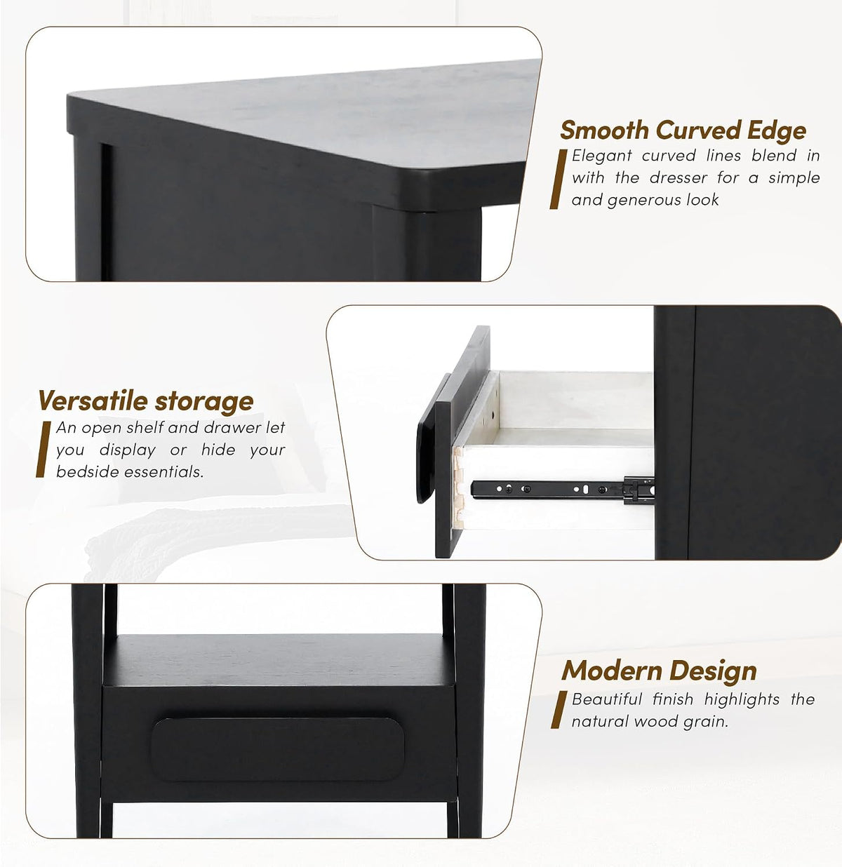 Modern Nightstand, Sustainable Hevea Premium Solid Wood Frame - Bedside Table - End Table with Ball Bearing Slide - Drawers Real Wooden Cabinet Organizer for Bedroom (Midnight Charcoal)