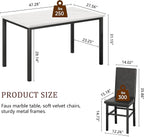Dining Table Set for 4, 5-Piece Faux Marble Dining Set,4 Upholstered PU Chairs, Modern Kitchen Table Furniture for Dining Room,Compact Space-Saving Faux Marble Tabletop (White + Black)