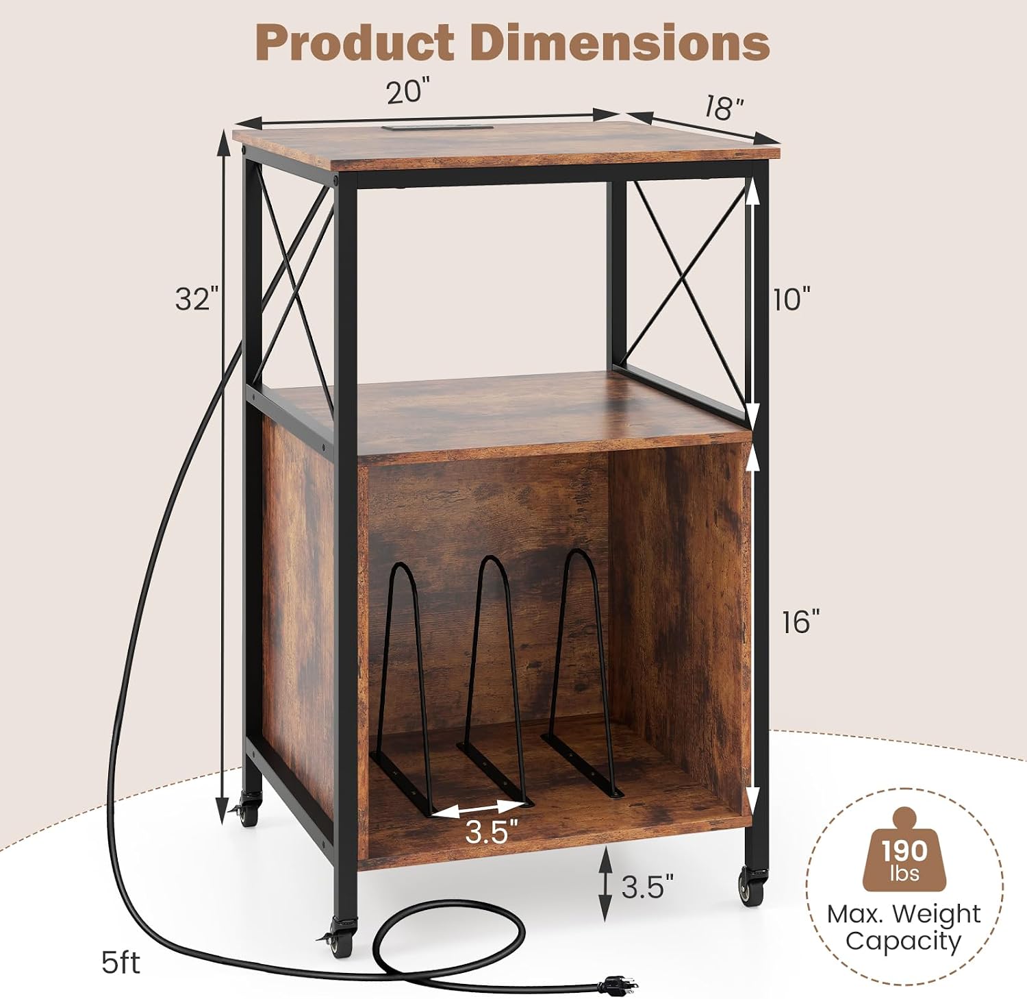 LOKO 3-Tier Rolling Record Player Stand, Mobile Turntable Stand with Power Outlet, Open Shelf & Dividers, Metal Frame, Industrial Vinyl Record Storage Table on Wheels for Living Room, Bedroom