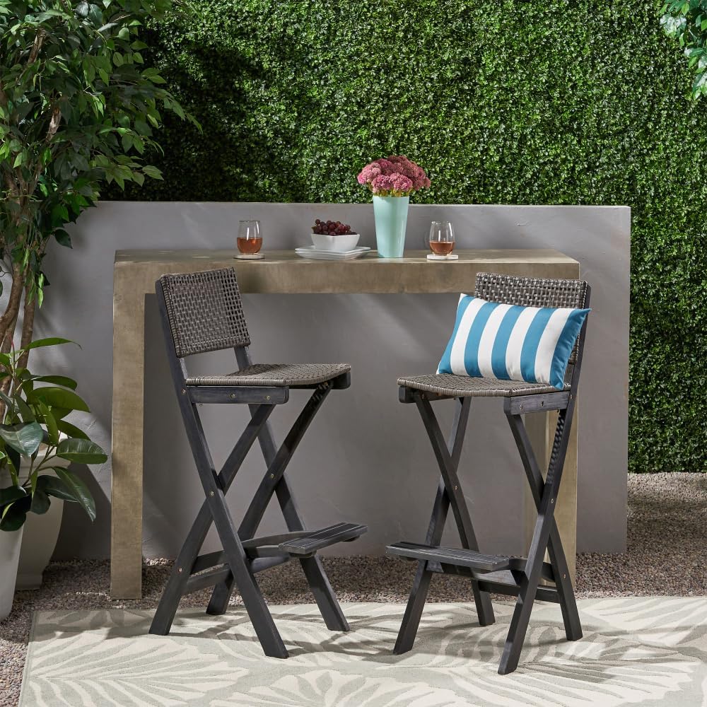 Saiveina 41.75" Outdoor Folding Acacia Wood Barstools with PE Rattan Backrest and Seat, Dark Grey Finish (Set of 2)