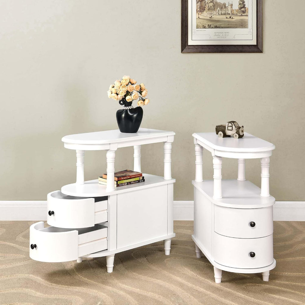 PADMA HOUSE Solid Wood End Table with 2 Drawers, Narrow Sofa Side Table Slim Chair Side Table with Storage Shelf, Vintage Slim Nightstand Bedside Table, White，BG-A508-WT