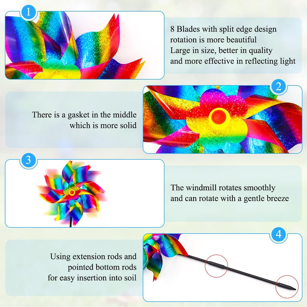 6Pcs Sparkly Pinwheels for Yard and Garden, Reflective Colorful Wind Spinners Yard Decorations Outdoor Windmill, 9.5in Garden Pinwheels to Scare Birds