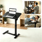 Adjustable Overbed Table with Gas Spring Tilting Desktop, Pneumatic Height Adjustment, H-Base Frame and Hidden Swivel Casters(Dual-sideflip-Black)
