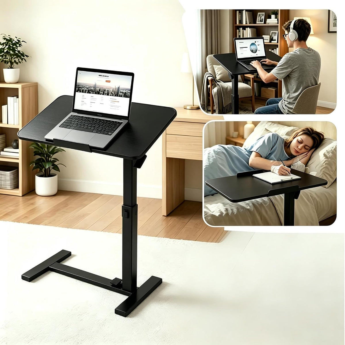 Adjustable Overbed Table with Gas Spring Tilting Desktop, Pneumatic Height Adjustment, H-Base Frame and Hidden Swivel Casters(Dual-sideflip-Black)