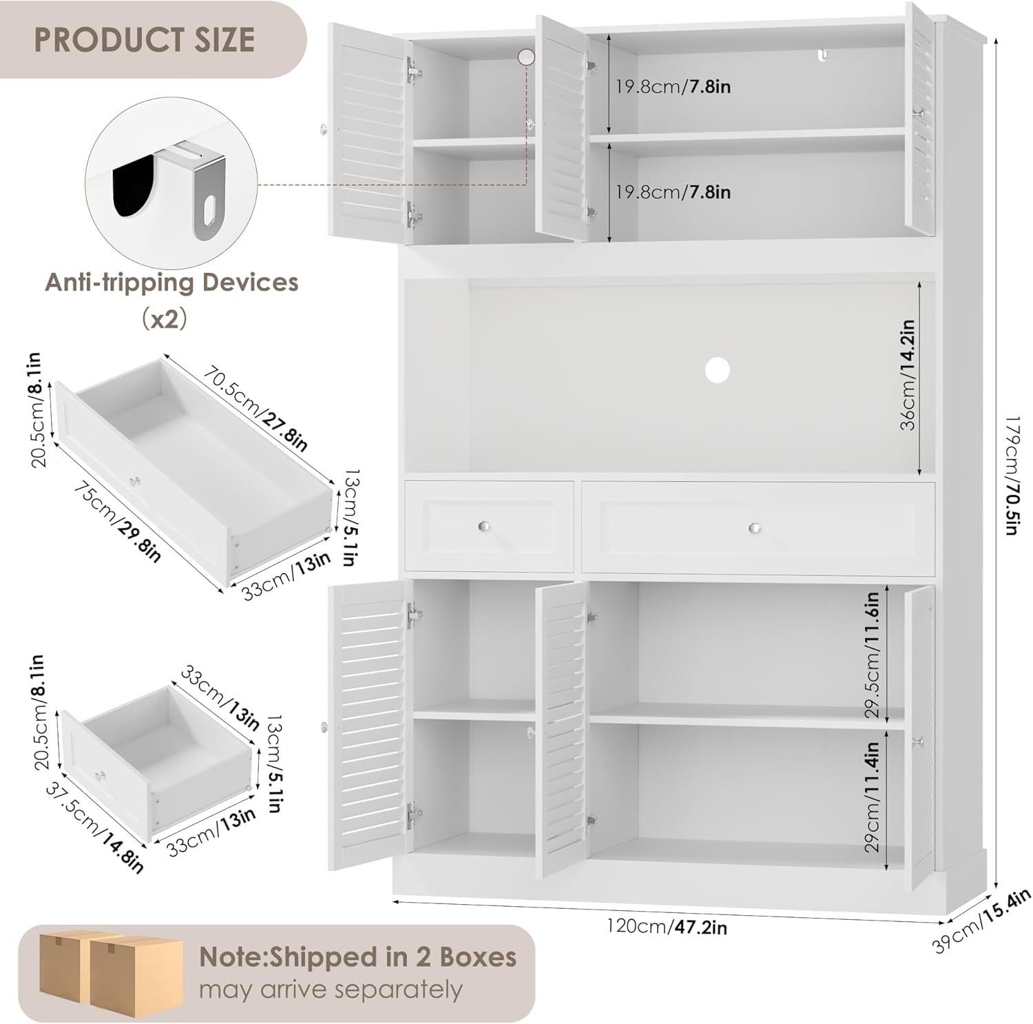 HIFIT 71" Tall Kitchen Pantry Cabinet with Spacious Countertop, 47.2" Wide Kitchen Hutch with Coffee Bar, Farmhouse Shoe Storage Cabinet for Entryway, White