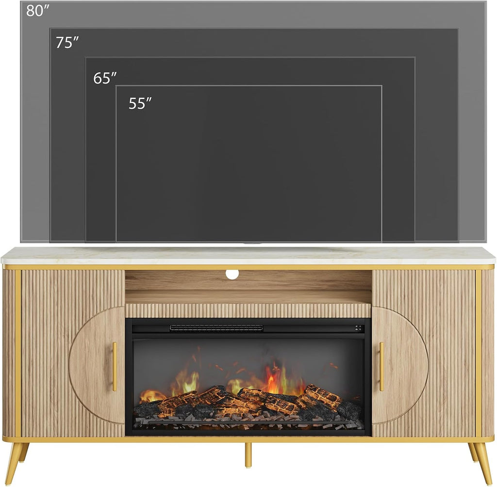 Fluted Fireplace TV Stand Up to 80" TVs, Modern Entertainment Center with 30" Electric Fireplace, Luxury Media Console with Adjustable Shelves for Living Room, Nature Oak