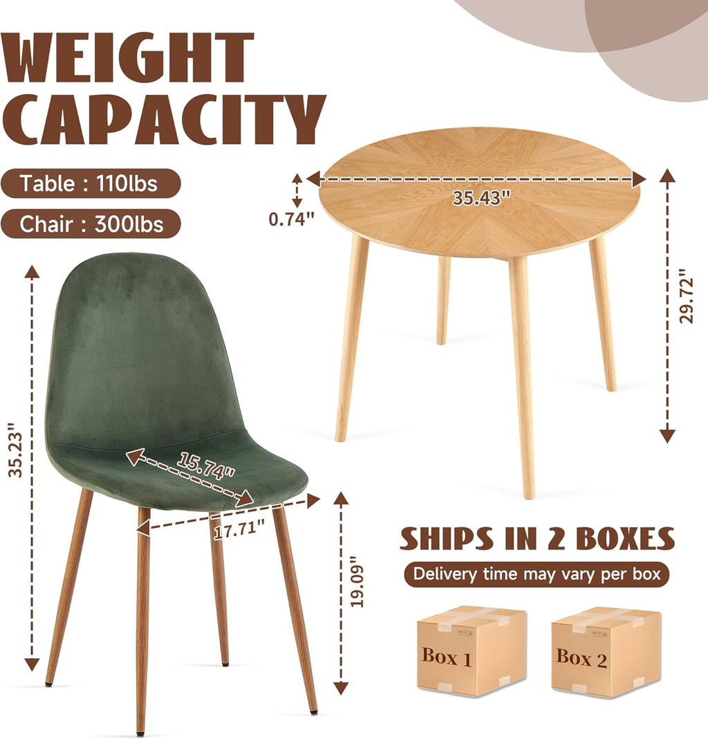 Small Oak Round Dining Table Set for 4, Modern 35'' Kitchen Coffee Table with 4 Green Velvet Dining Chairs for Dining Room Apartment