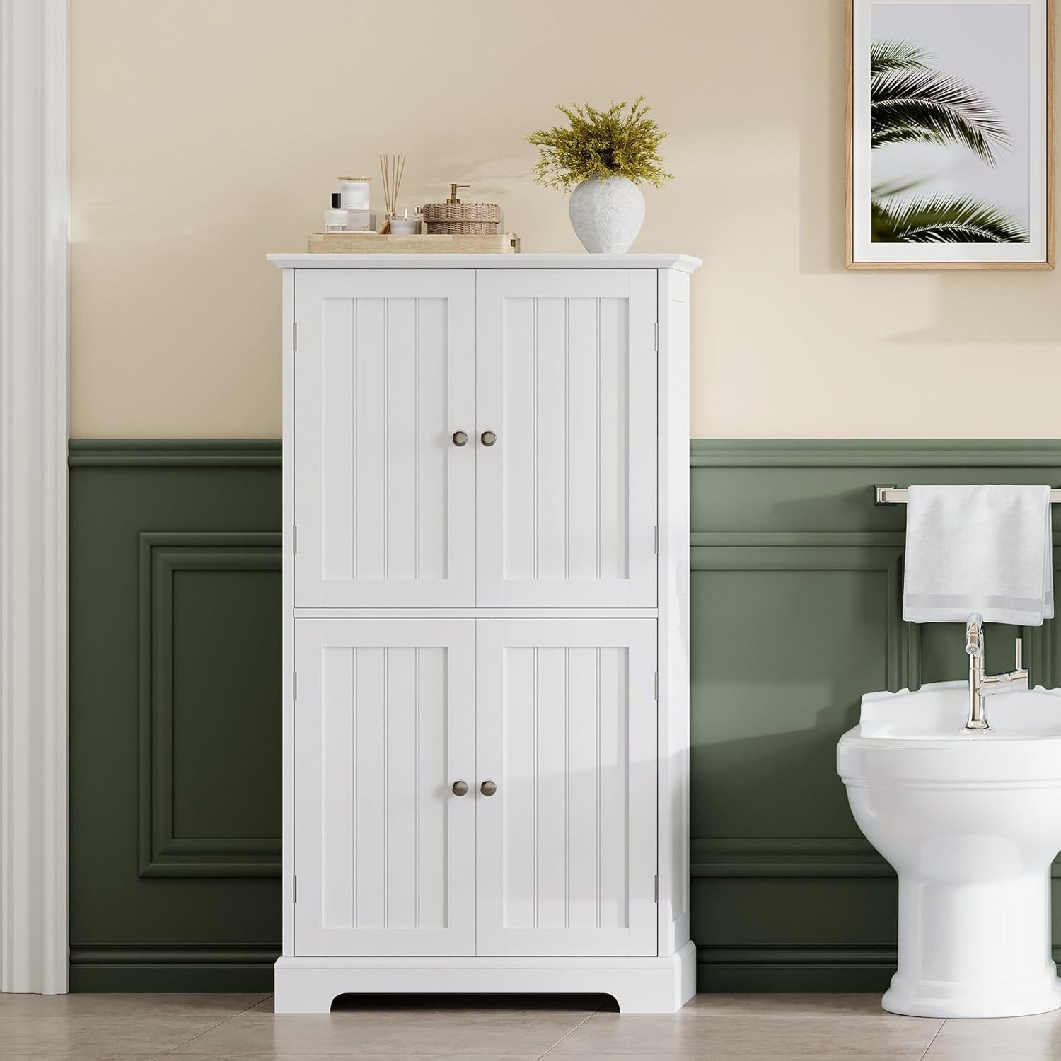 ChooChoo Bathroom Floor Cabinet, Modern Bathroom Storage Cabinet with 4 Doors and Adjustable Shelves, Freestanding Cupboard for Living Room, White | Bathroom Storage Cabinet, 4 Doors, Freestanding Cupboard for Living Room, White