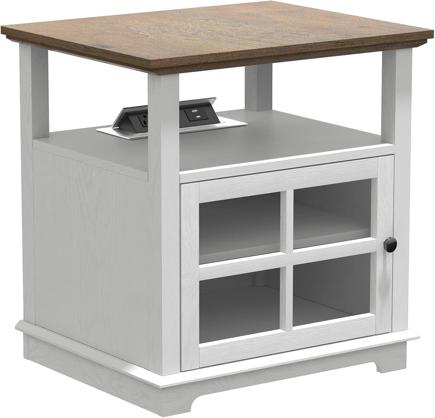 HIFYOBRO 24''Tall White End Table with Charging Station, Adjustable Shelf & Storage, 21" Large Side Table, Modern Farmhouse Nightstand for Bedroom, Living Room, Office