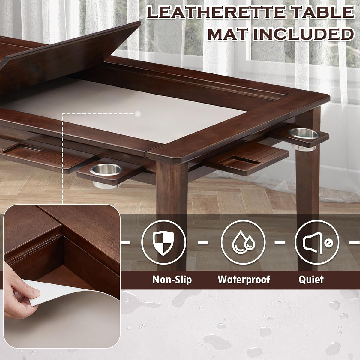 63"x39" Board Game Table with Removable Top Solid Wood Dining/Gaming Table | Gaming Table for 4-6 Players with Play Mat, 6 Detachable Cup Holders & 6 Hobby Trays (Black Walnut)