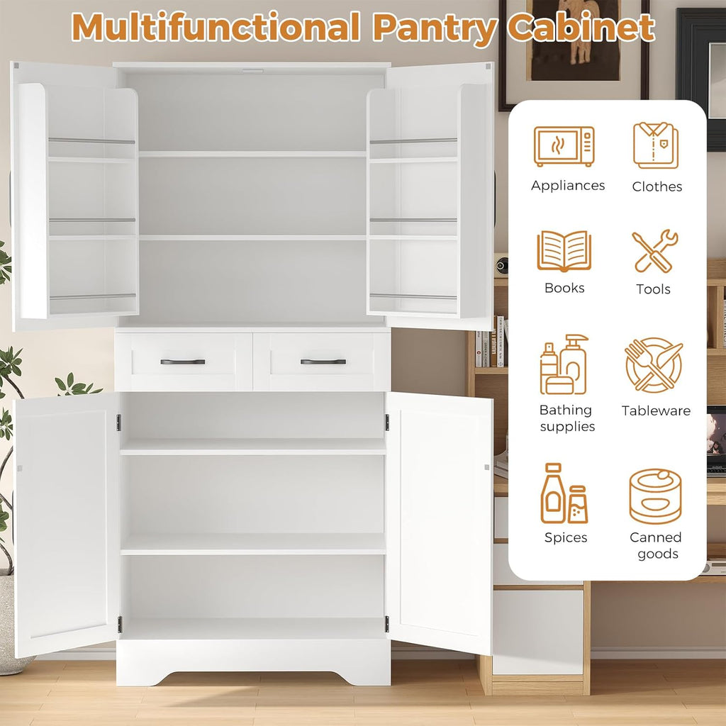 71" Tall Kitchen Pantry Cabinet, Pantry Organizers and Storage Cabinet, Kitchen Storage Cabinets with Doors, Side Storage, 2 Drawer, Adjustable Shelves for Laundry, Bathroom, Garage, White, UXZSG001W