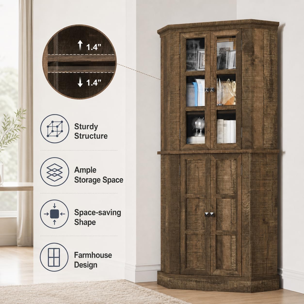 Betterhood Corner Cabinet, 67" Tall Kitchen Pantry Storage Cabinet with Glass Doors and Adjustable Shelves, Freestanding Food Pantry Farmhouse Furniture for Kitchen,Living Room, Rustic Brown