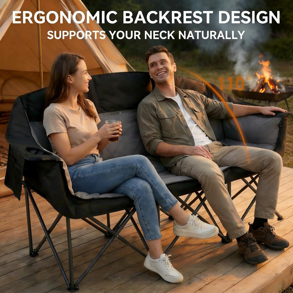 3 Person Camping Chair for Adults Folding Double Camping Chair Oversized Heavy Duty Camping Loveseat with Cup Holders & Carry Bag, Portable Outdoor Lawn Chair for Camping, Beach, Backyard Black & Grey