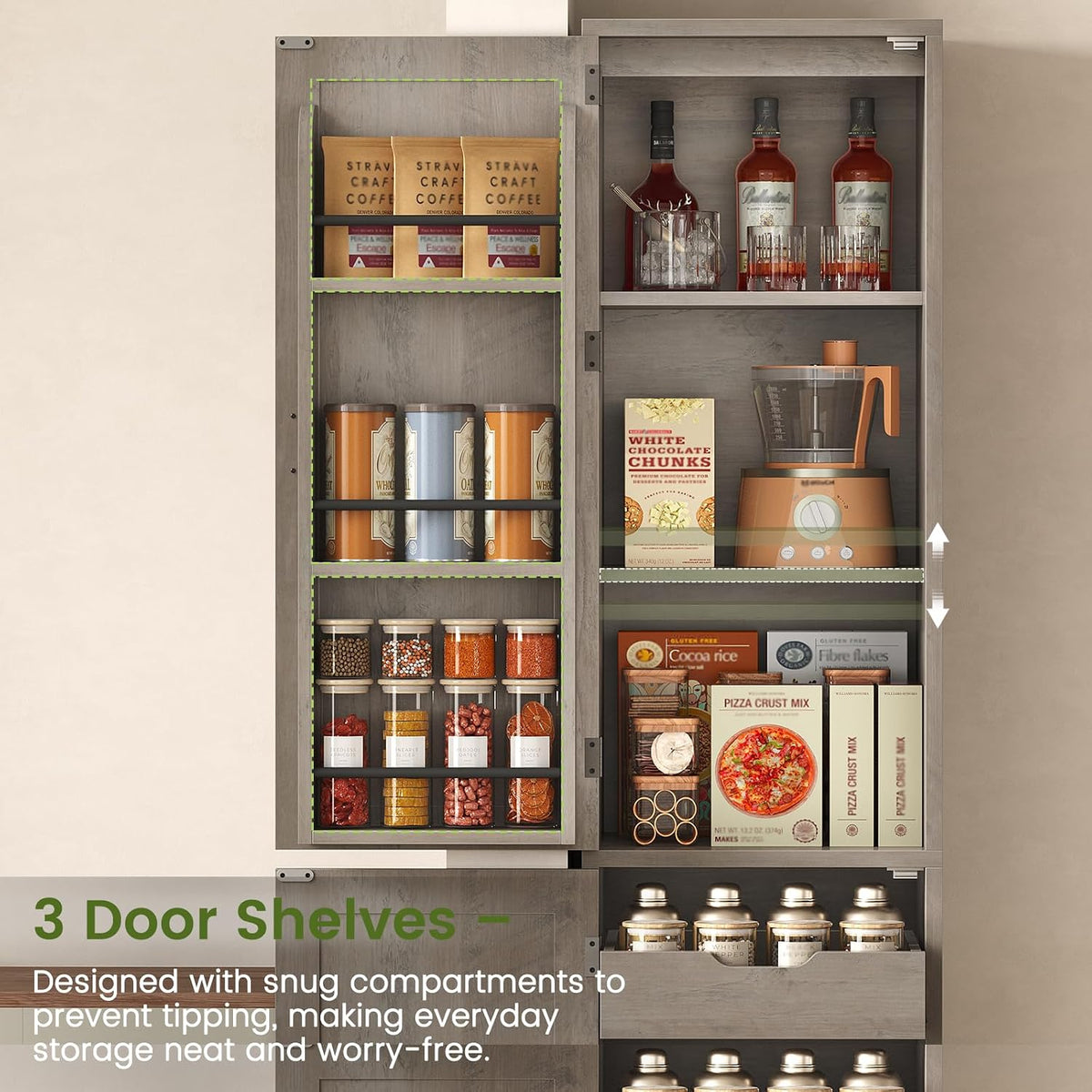 Itaar Narrow Kitchen Pantry Cabinet with 3 Door Shelves & 3 Drawer, Grey | Slim for Small Place, Adjustable Shelf, 71" Freestanding Linen Storage for Living Room, Kitchen, Bathroom