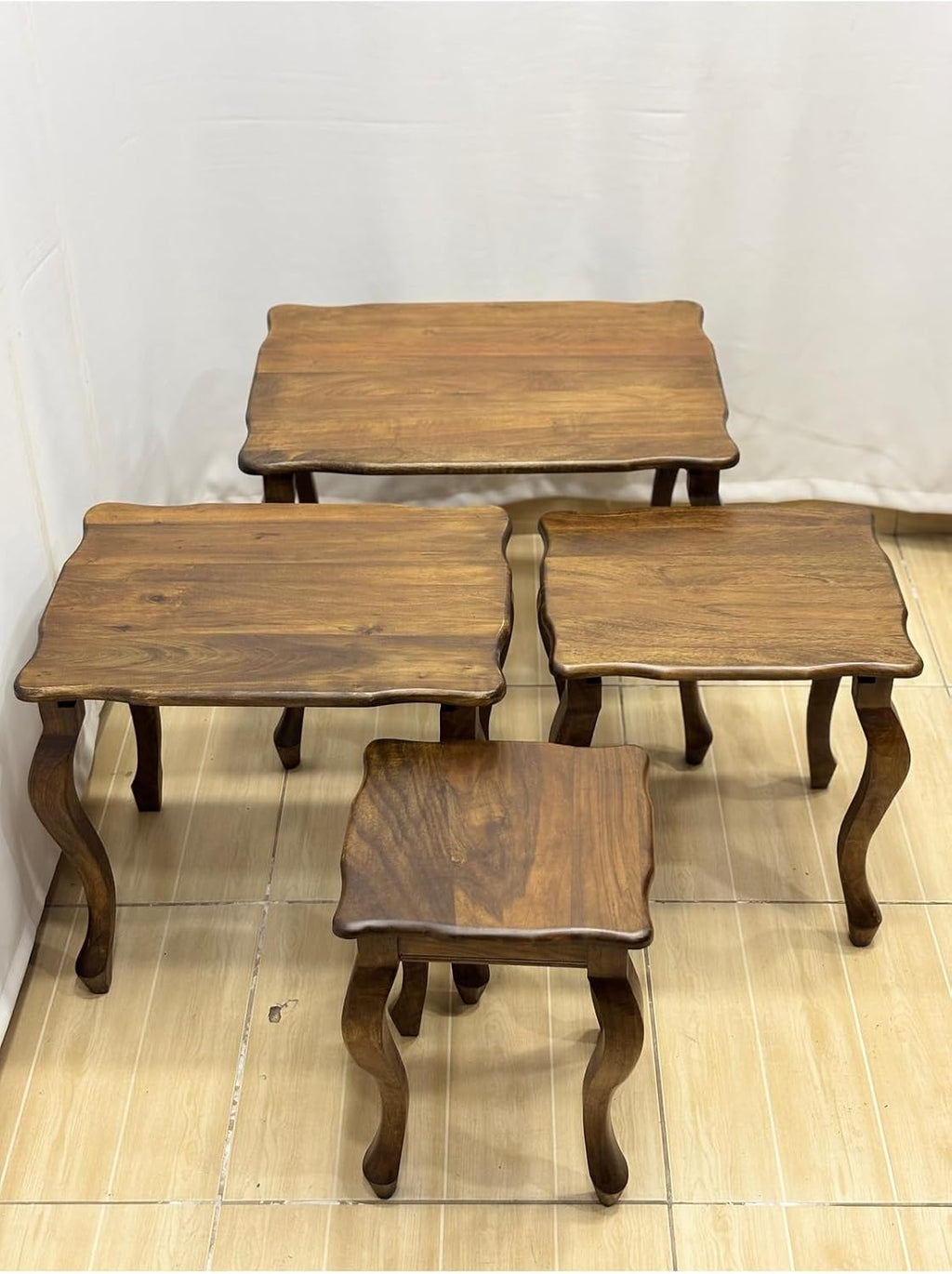 Walnut Wood 4-Piece Nesting Side Table Set 25.6x19.7x19.7 in Solid Wood Living Room Furniture - Brown