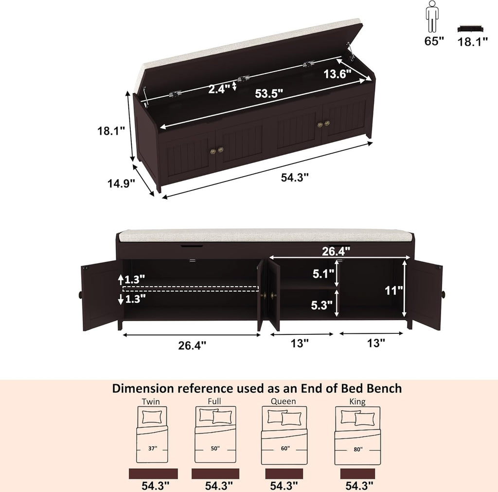 HOMEFORT 54.4" Shoe Bench with Lift Top Storage, Entryway Bench with Cushioned Seat, Wooden End of Bed Bench, Shoe Cabinet Bench with Hidden Storage Space, for Bedroom, Hallway,Espresso