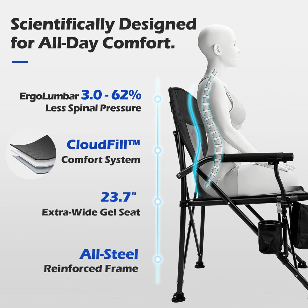 XL Premium Camping Chair - 400lb Capacity, Oversized 23.7" Wide Seat, Heavy Duty 600D Oxford Fabric, Padded Camping Chair Portable for Outdoor, Beach, Tailgate Parties Black/Blue