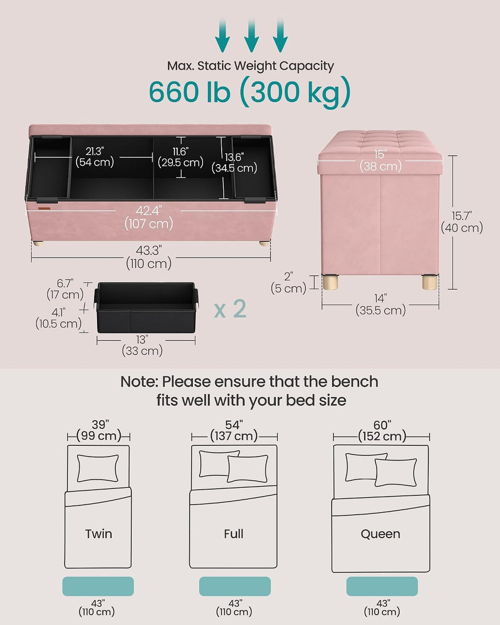 SONGMICS Storage Ottoman Bench, Folding Storage Chest, 15 x 43.3 x 15.7 Inches, Foot Rest Stool, 30 Gal. (112 L), Velvet Surface, for Bedroom, Entryway, Living Room, Jelly Pink ULSF0518R02