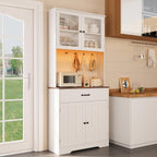 Gizoon 71" H Pantry Cabinet with Strip Light, Drawers | Coffee Bar with Doors, White Kitchen Hutch with Charging Station and Adjustable Shelves, for Dining Room, Table Top-Retro