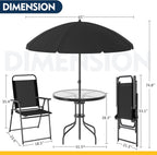 Shintenchi 6 Piece Patio Dining Set with Umbrella, Outdoor Furniture Set with 4 Folding Chairs and Tempered Glass Top Dining Table fot Lawn Backyard Garden Porch Black