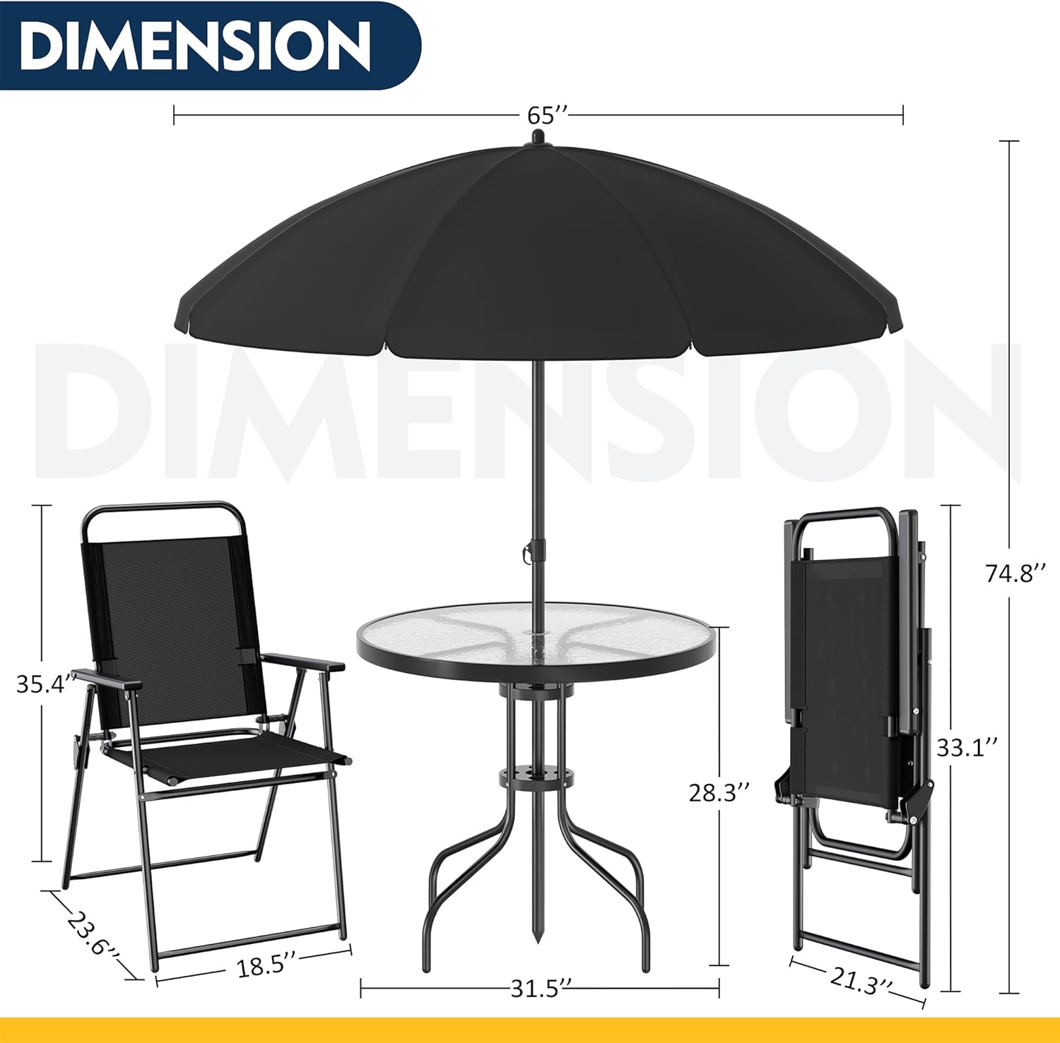 Shintenchi 6 Piece Patio Dining Set with Umbrella, Outdoor Furniture Set with 4 Folding Chairs and Tempered Glass Top Dining Table fot Lawn Backyard Garden Porch Black
