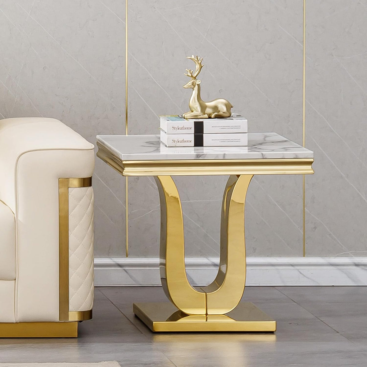 1 Piece Living Room End Table Luxury Faux Marble Sofa Side Table, Modern White Gold End Table with U-Shape Stainless Steel Pedestal Base