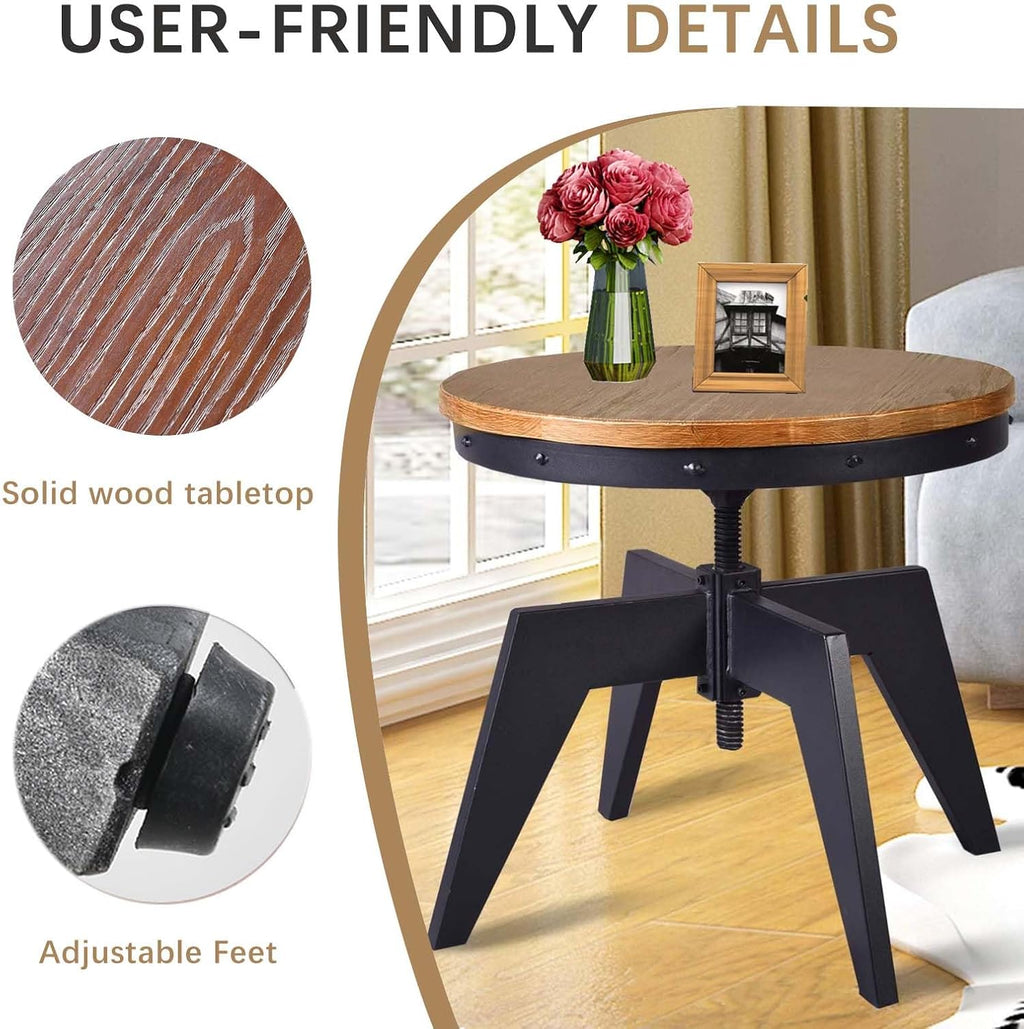 Topower Industrial Retro Round Table End Table Antique Height Ajustable Black Cast Iron Base Bar Table Farmhouse Wood Desktop End Table