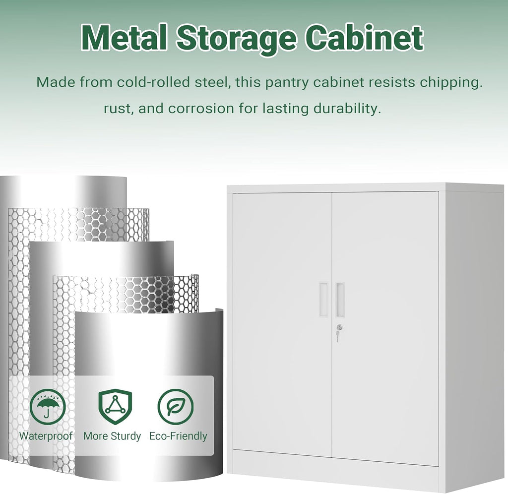 CJF Pantry Cabinet, Metal Pantry Storage Cabinets with Doors and 2 Adjustable Shelves, 36" H Locking Cabinet for Kitchen Storage, Home, Garage, Utility Room and Basement, White
