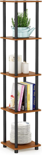 FURINNO Turn-N-Tube 5-Tier Corner Square Rack Display Shelf, Round, Light Cherry/Black