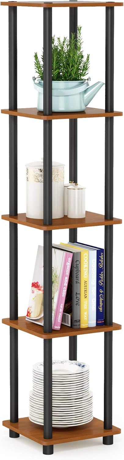 FURINNO Turn-N-Tube 5-Tier Corner Square Rack Display Shelf, Round, Light Cherry/Black