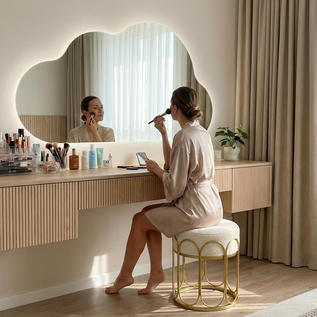 Pre-Assembled Modern Gold Vanity Stool, White Sherpa Boucle Round Ottoman & Metal Frame Pouf, 17.7" No Assembly Required Makeup Chair, Cozy Teddy Footrest for Bedroom & Living Room