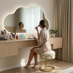 Pre-Assembled Modern Gold Vanity Stool, White Sherpa Boucle Round Ottoman & Metal Frame Pouf, 17.7" No Assembly Required Makeup Chair, Cozy Teddy Footrest for Bedroom & Living Room