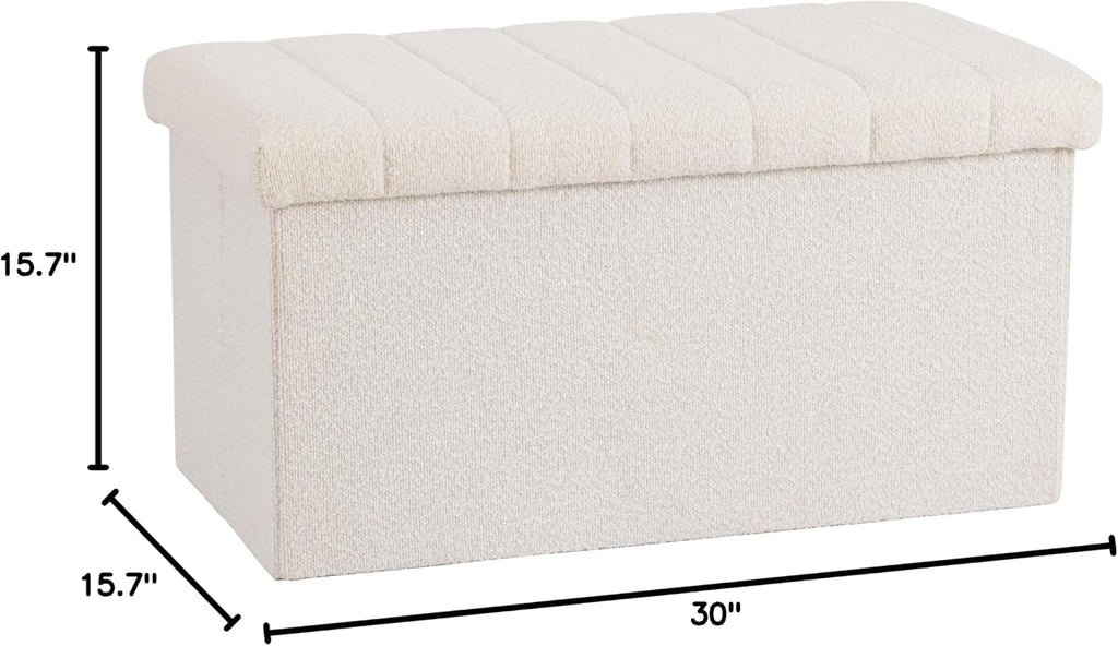 Seville Classics Cushioned Fabric Ottoman Hidden Storage Chest Footrest Chair, Padded Seat for Bedroom, Dorm, Loft, Living Room, Entryway, Hallway, White Boucle, 30" Bench