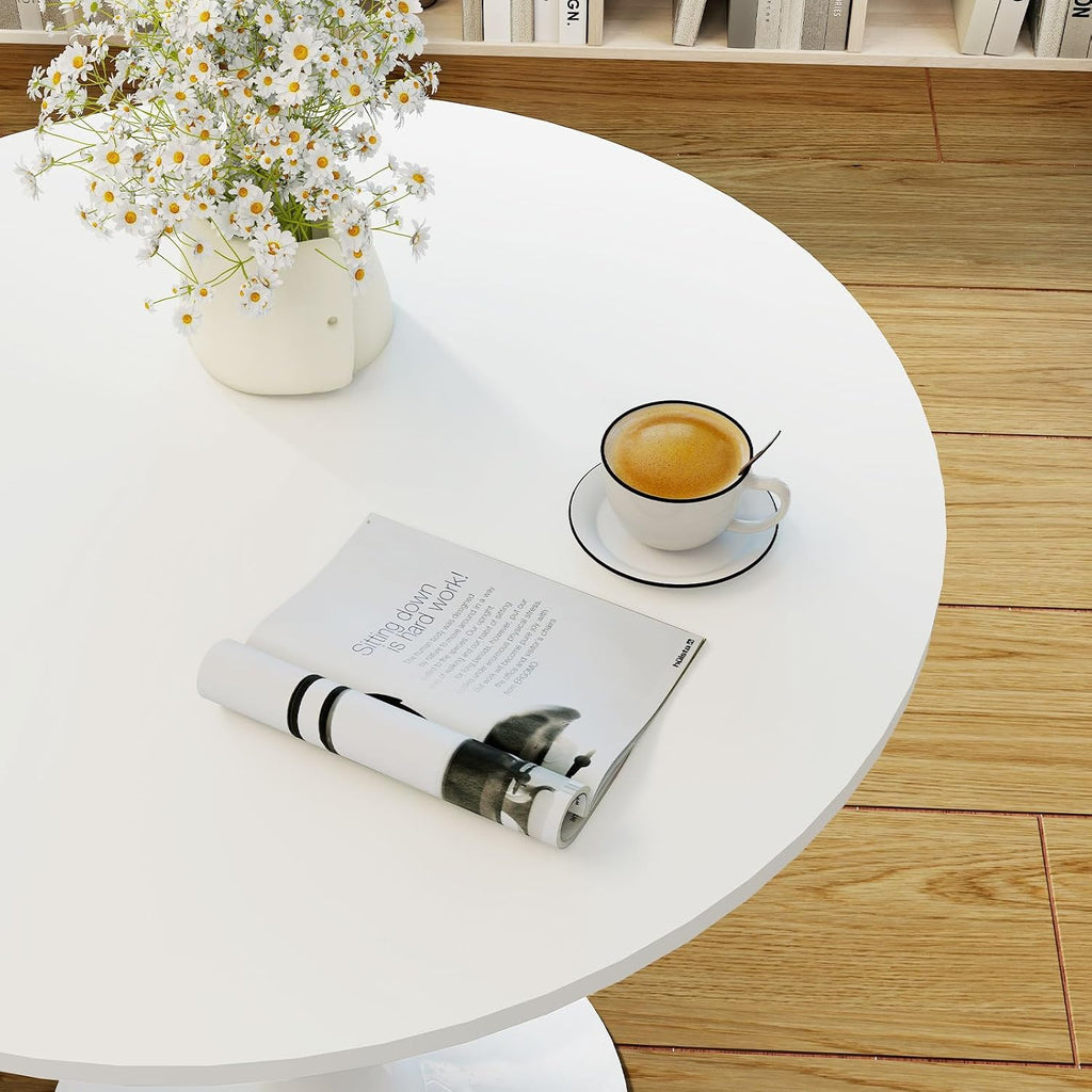 27.5" White Round Dining Table, MDF Top with Metal Pedestal Base, Modern Accent Table for Small Spaces, Kitchen, Dining Room & Living Room