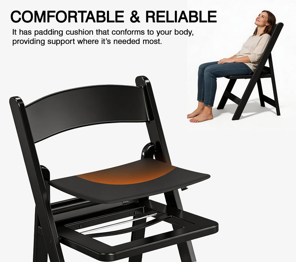 Resin Folding Chairs with Cushion for Wedding, Party, 4 Pack, 660lbs | Black Folding Chairs with Padded, Lightweight Plastic Chairs, Comfortable Foldable Chairs for Picnic, Events, Back to School