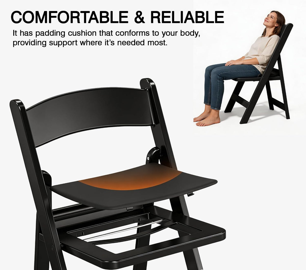 Resin Folding Chairs with Cushion for Wedding, Party, 4 Pack, 660lbs | Black Folding Chairs with Padded, Lightweight Plastic Chairs, Comfortable Foldable Chairs for Picnic, Events, Back to School