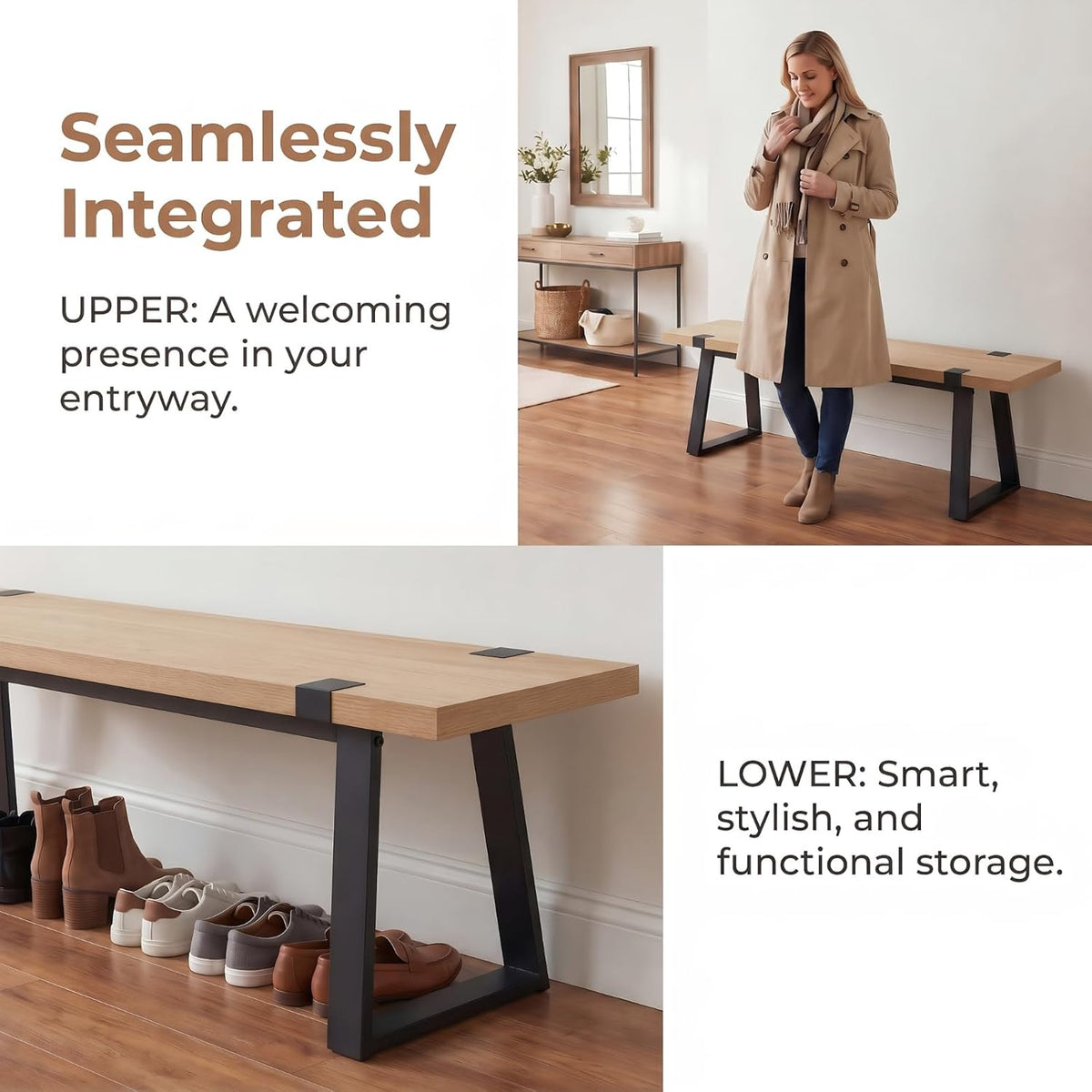 HNY 60" Entryway Bench Wood Dining Bench Bedroom Bench Modern Minimalist Long Slatted Bench for Living Room Hallway, Sturdy Solid Wood with Black Metal Leg Seating for 4-6 People, Natural Finish